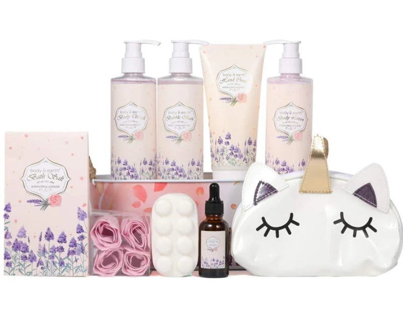 BODY & EARTH Gifts Set for Women, Bath and Body Gift Baskets - 10 Pcs Spa Kit with Rosewater and Lavender Scent