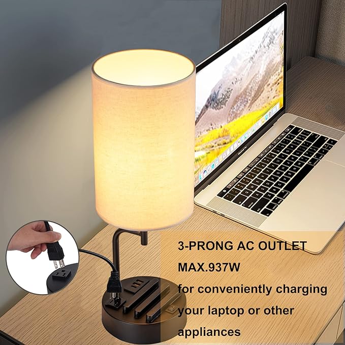 Dreamholder Table Lamp with 3 USB Charging Ports, Modern Desk Lamp with AC Outlet and Phone Stands, (Pack of 2), Cream