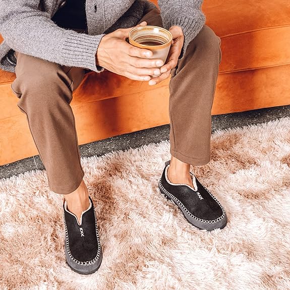 EverFoams Men's Suede Memory Foam Moccasin Slippers with Fuzzy Sherpa Lining