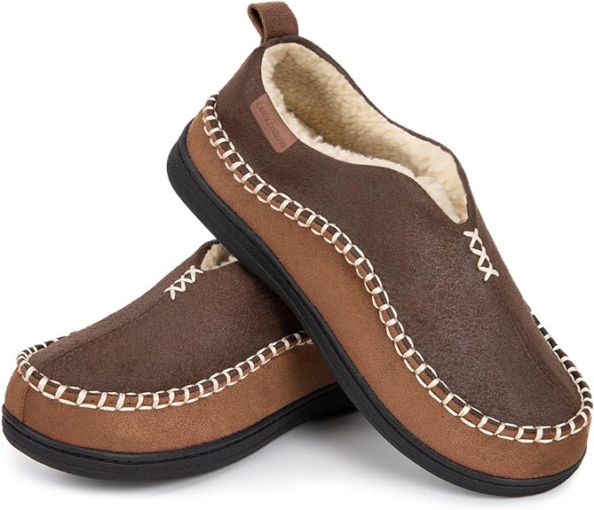 EverFoams Men's Suede Memory Foam Moccasin Slippers with Fuzzy Sherpa Lining