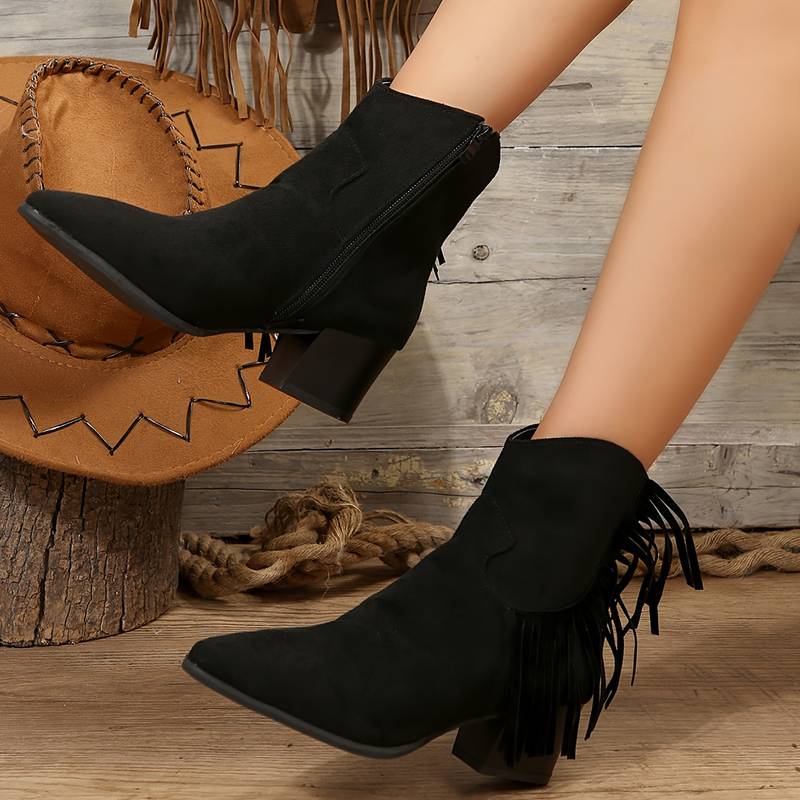 Women's Solid Color Faux Suede Boots, Side Zipper Tassel Decor Minimalist Comfy Boots, Chunky Heel Western Point Toe Shoes