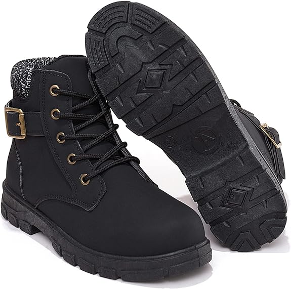 Kkdom Women's Round Toe Waterproof Ankle Booties, Lace-Up Side Zipper Boots