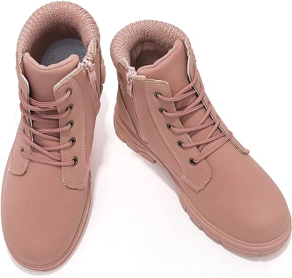Kkdom Women's Round Toe Waterproof Ankle Booties, Lace-Up Side Zipper Boots