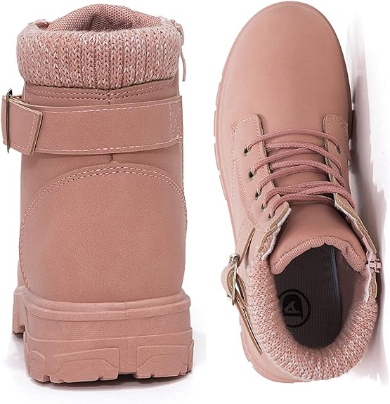 Kkdom Women's Round Toe Waterproof Ankle Booties, Lace-Up Side Zipper Boots