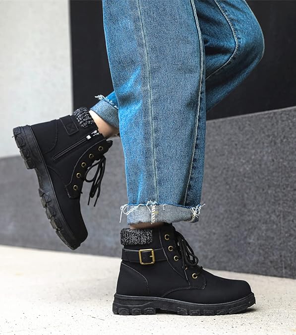 Kkdom Women's Round Toe Waterproof Ankle Booties, Lace-Up Side Zipper Boots