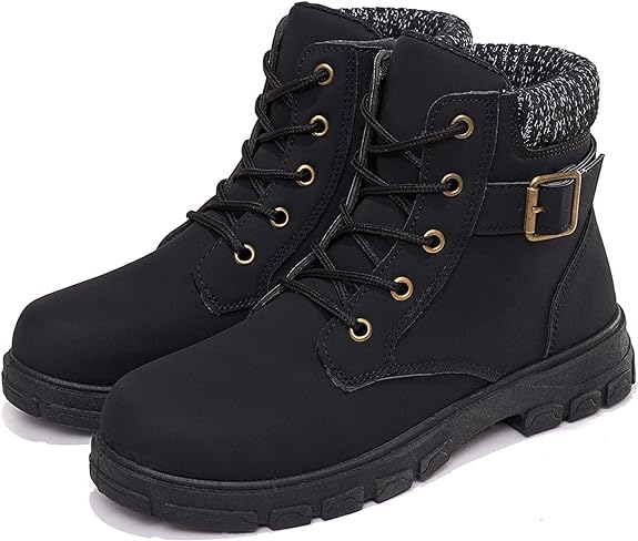 Kkdom Women's Round Toe Waterproof Ankle Booties, Lace-Up Side Zipper Boots