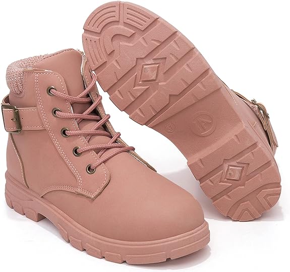 Kkdom Women's Round Toe Waterproof Ankle Booties, Lace-Up Side Zipper Boots