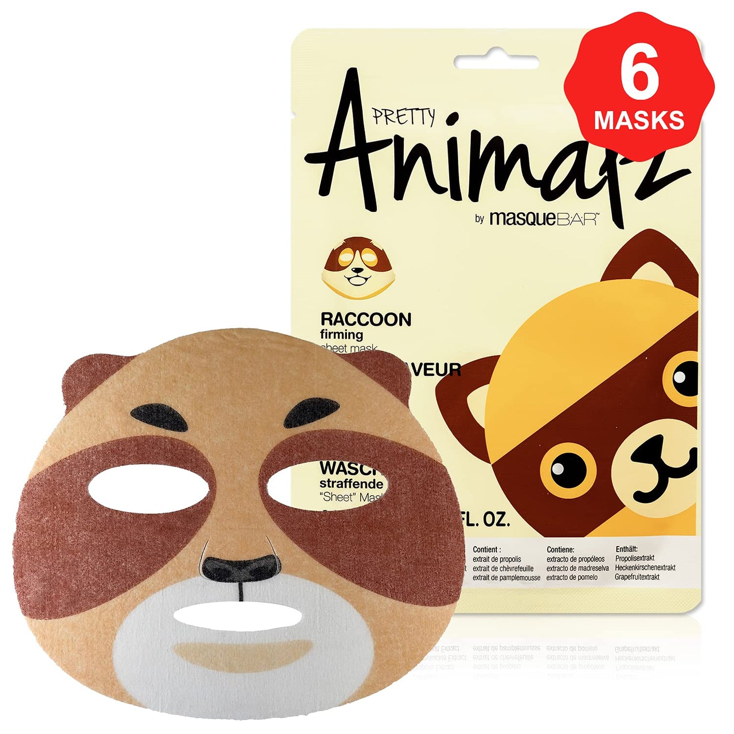 Masque Bar Pretty Animalz Raccoon Firming Sheet Mask, 6 pcs