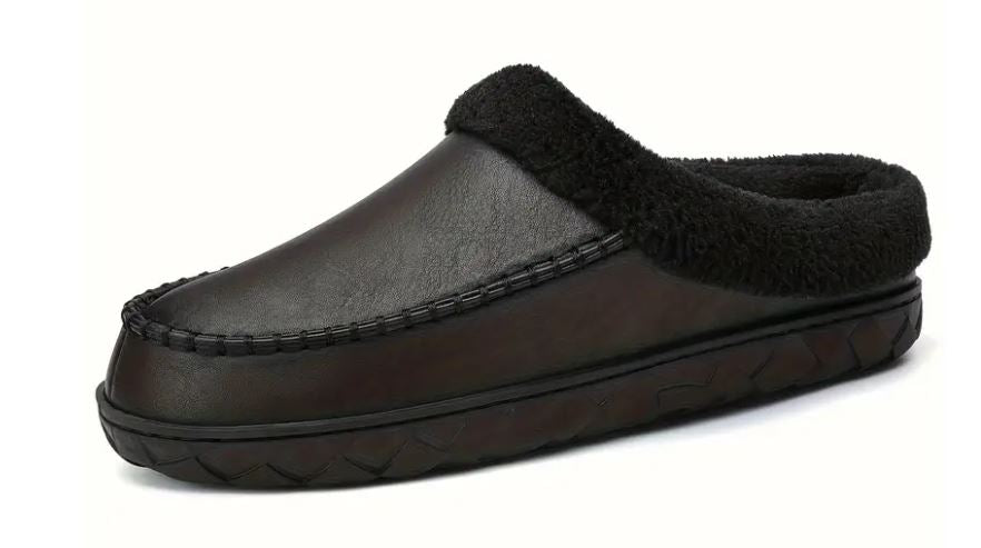 Men's Soft Plush Cozy House Slippers, Anti-skid Slip-on Shoes With Fuzzy Lining, PU Leather Uppers, Size 10.5D
