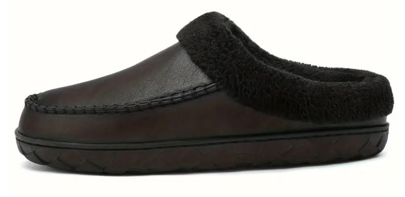 Men's Soft Plush Cozy House Slippers, Anti-skid Slip-on Shoes With Fuzzy Lining, PU Leather Uppers, Size 10.5D