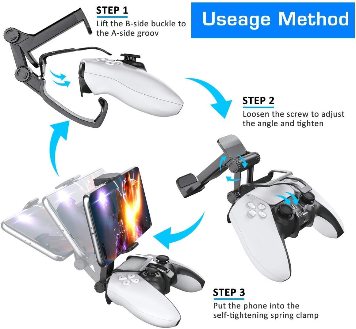 OIVO PS5 Controller Phone Clip Mount for PlayStation 5 Controller, Dual Adjustable Clip Mount with Phone Stand and USB-C OTG Cable