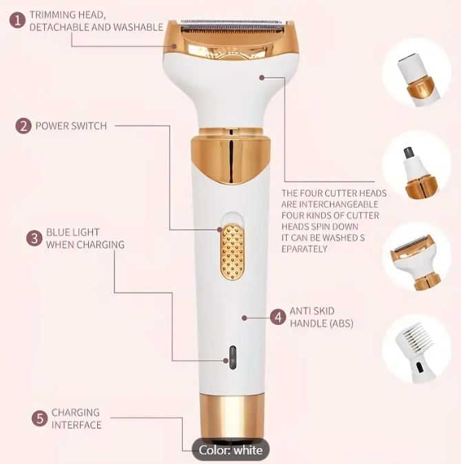 Professional Lady Shaver 4-In-1 Grooming Kit, Nose Trimmer, Body Shaver, USB Charge, Bikini Shaving System, Eyebrow Trimmer