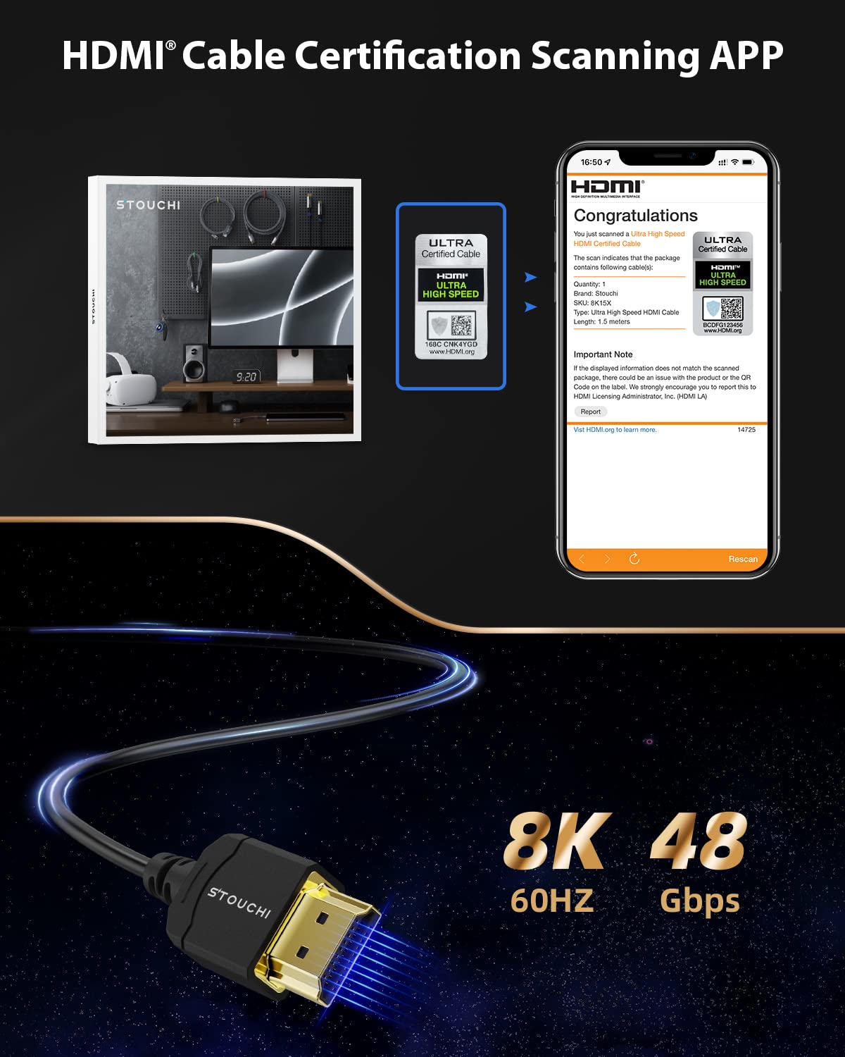 Stouchi 8K 10K HDMI Cable 48Gbps 5FT, Ultra High Speed HDMI Cables