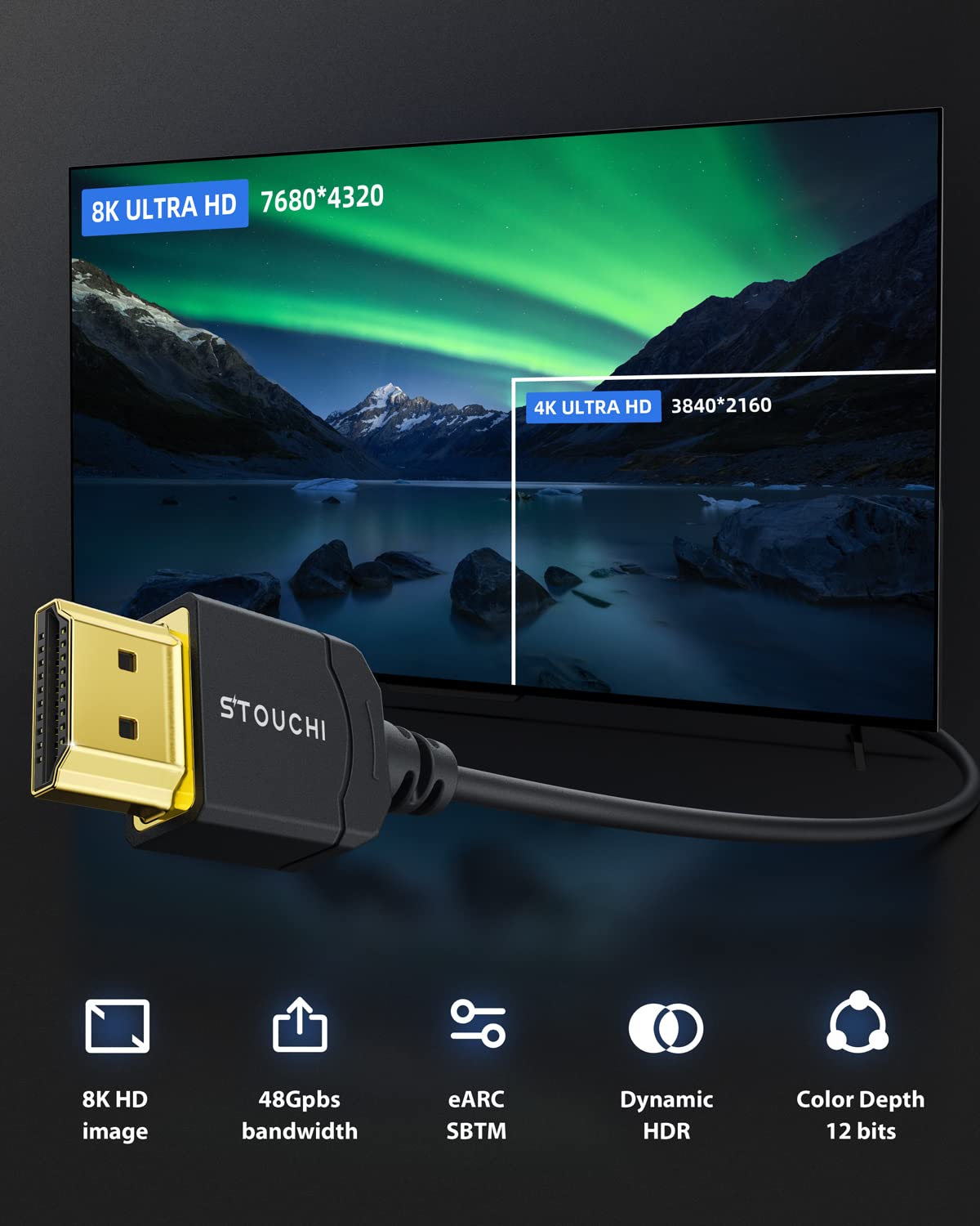 Stouchi 8K 10K HDMI Cable 48Gbps 5FT, Ultra High Speed HDMI Cables