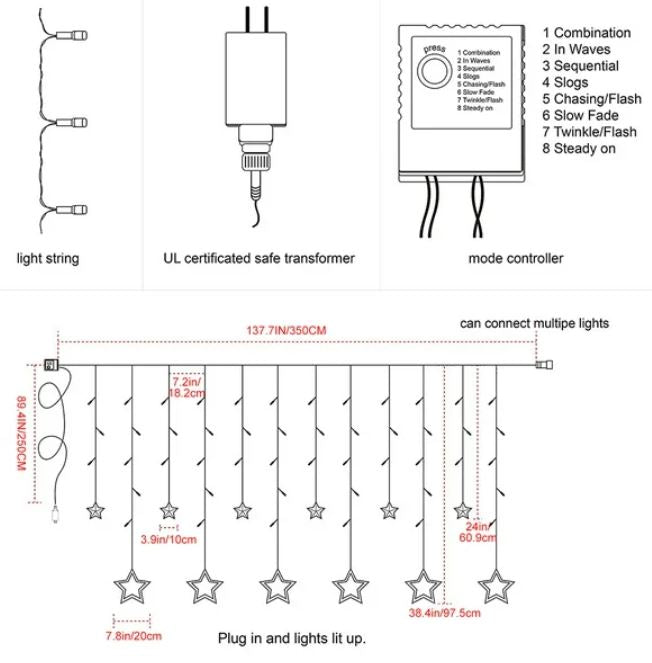 12 Stars Curtain LED Starry String Lights, Easy To Use, Safe, Power-saving and Eco-friendly, Window Curtain Lights, Warm White (138 LED - Star)