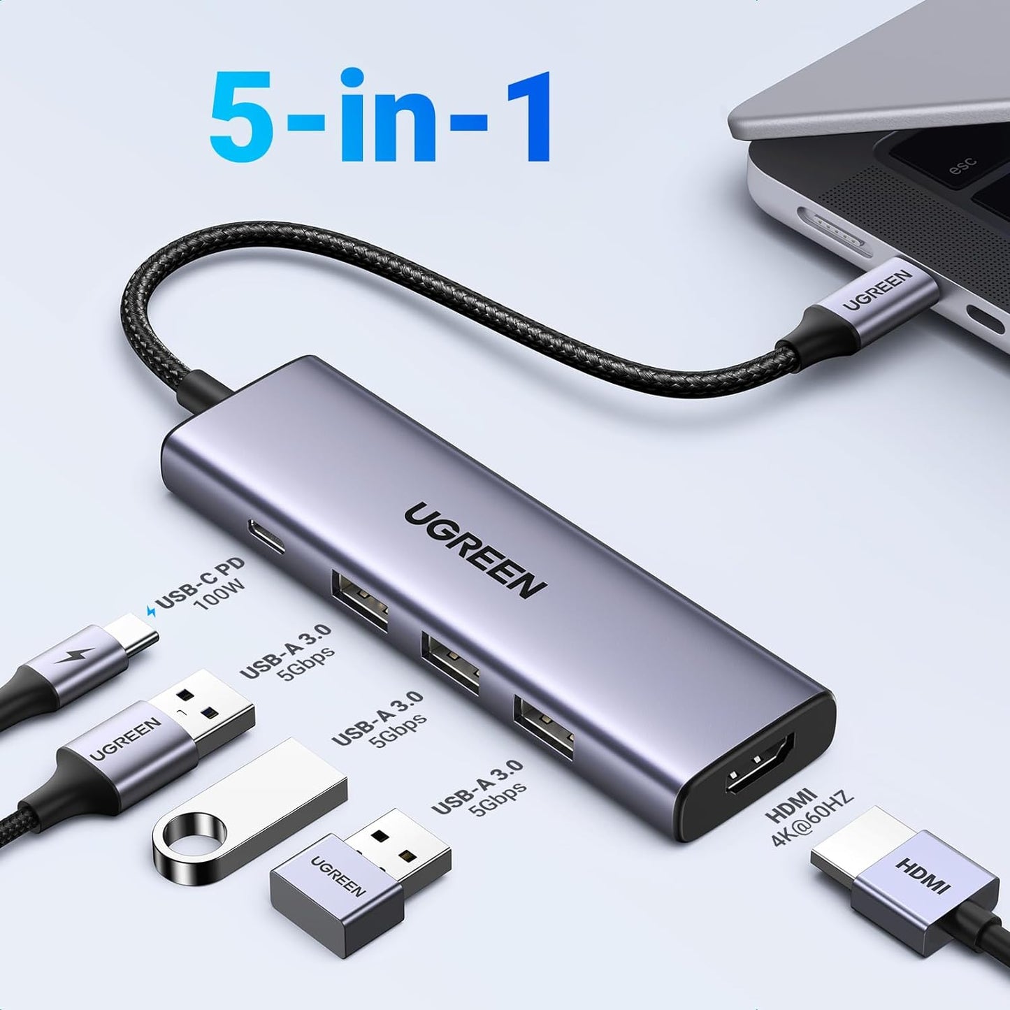 UGREEN USB C Hub, 5-in-1 USB-C Hub with 4K@60Hz HDMI, 100W Power Delivery, 3 USB-A 3.0 Data Ports, USB C Dock Adapter