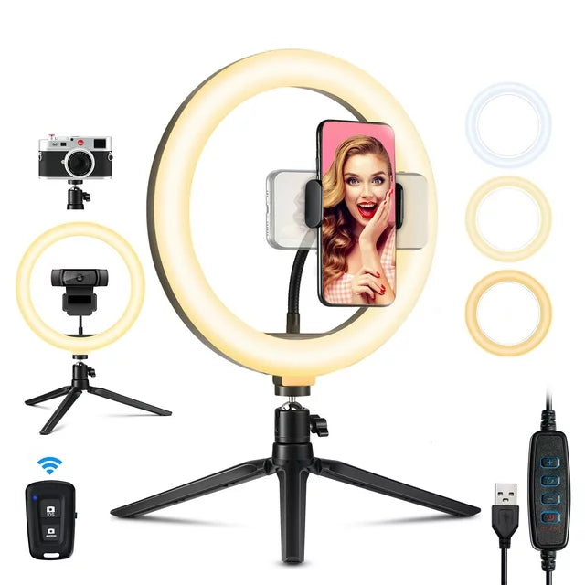 Victsing 10" LED Ring Light, Adjustable Tripod, Remote Control, and Selfie Stick