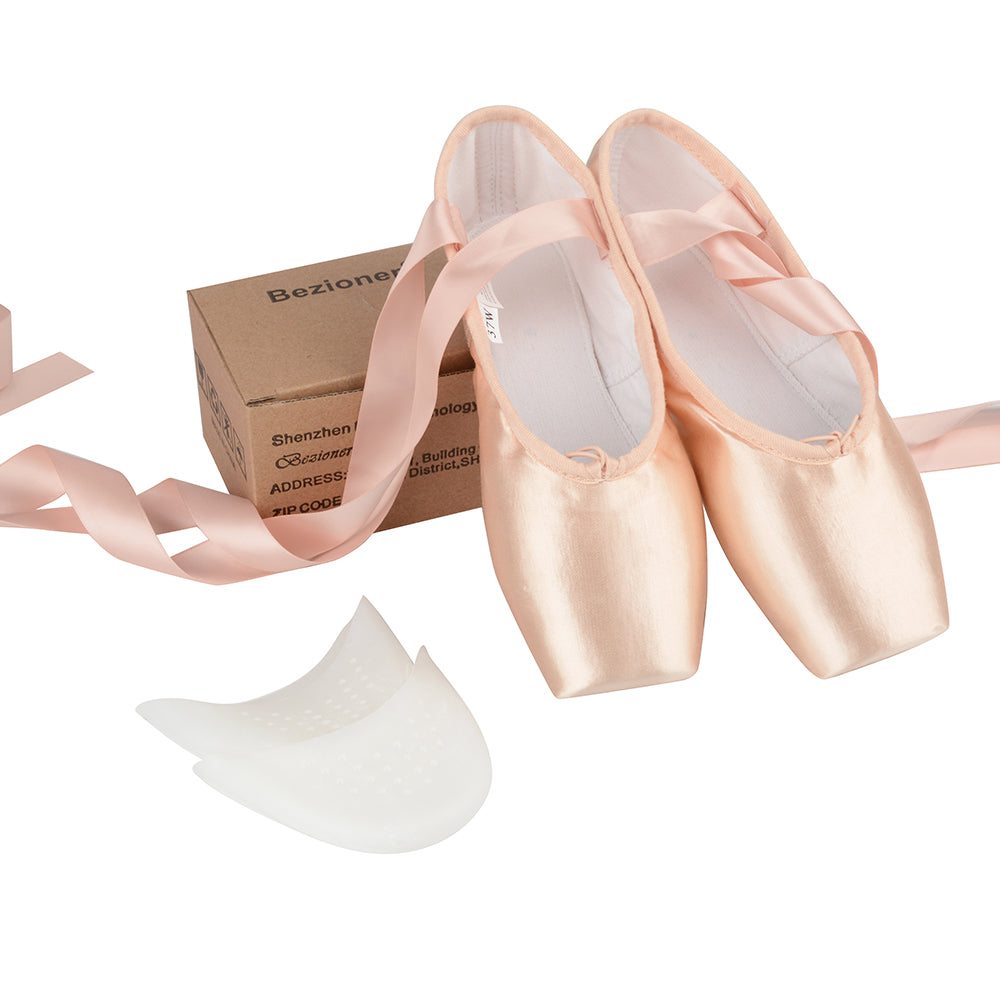 Bezioner Satin Professional Ballet Pointe Shoes with Silicone Toe Pads and Sewn Ribbon, Size 9