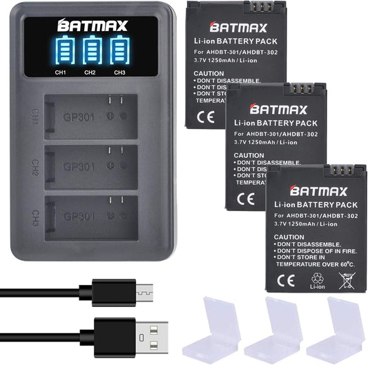 Batmax 4Pcs 1250mAh AHDBT-301, AHDBT-302 Battery, LED 3-Ports USB Charger