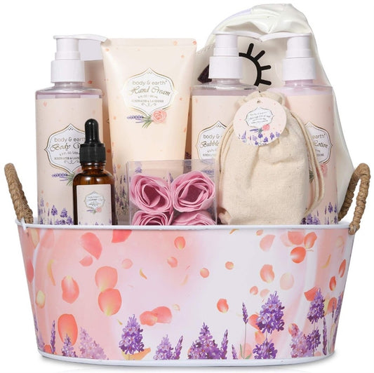 BODY & EARTH Gifts Set for Women, Bath and Body Gift Baskets - 10 Pcs Spa Kit with Rosewater and Lavender Scent