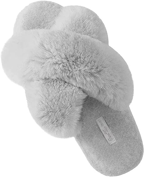 Women's Cross Band Plush Fuzzy House Slipper, Open Toe Faux Fur Fluffy Flats Bedroom Slippers, Size 10