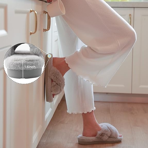 Women's Cross Band Plush Fuzzy House Slipper, Open Toe Faux Fur Fluffy Flats Bedroom Slippers, Size 10