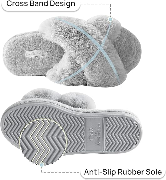 Women's Cross Band Plush Fuzzy House Slipper, Open Toe Faux Fur Fluffy Flats Bedroom Slippers, Size 10