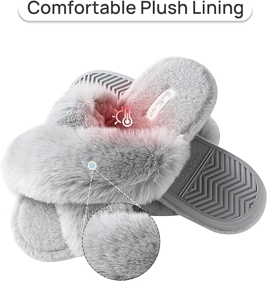 Women's Cross Band Plush Fuzzy House Slipper, Open Toe Faux Fur Fluffy Flats Bedroom Slippers, Size 10
