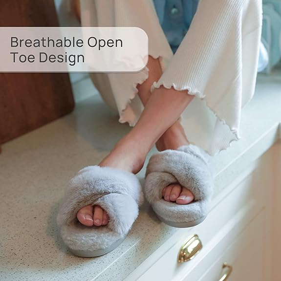 Women's Cross Band Plush Fuzzy House Slipper, Open Toe Faux Fur Fluffy Flats Bedroom Slippers, Size 10