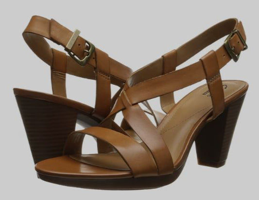 Clarks Collection Women's tan leather slingback strap sandals shoes, size US 8W (26107850)