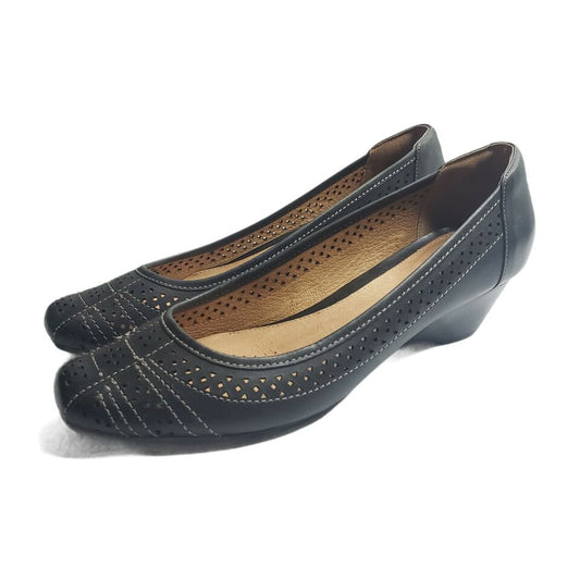 Clarks Artisan Women's Shoes Ryla Castle Black Leather Career Comfort Heels, Size 9.5W (US)