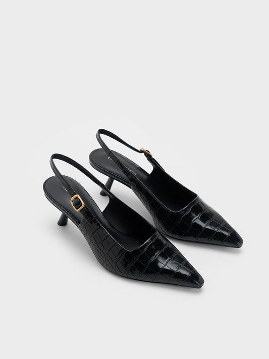 Croc-Effect Slant Heel Slingback Pumps