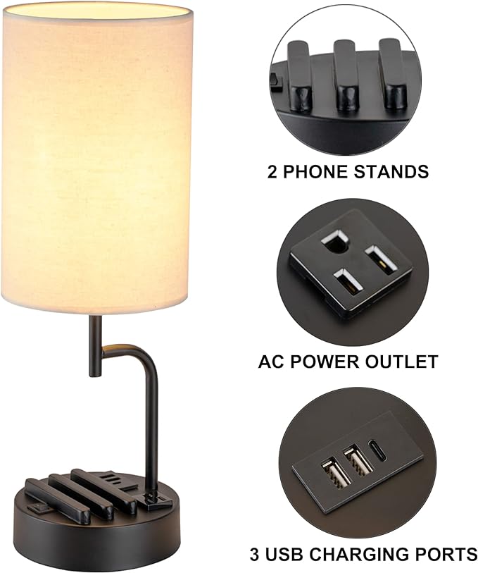 Dreamholder Table Lamp with 3 USB Charging Ports, Modern Desk Lamp with AC Outlet and Phone Stands, (Pack of 2), Cream