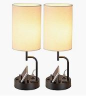 Dreamholder Table Lamp with 3 USB Charging Ports, Modern Desk Lamp with AC Outlet and Phone Stands, (Pack of 2), Cream