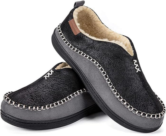 EverFoams Men's Suede Memory Foam Moccasin Slippers with Fuzzy Sherpa Lining