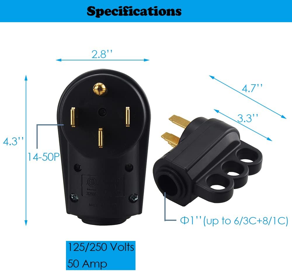 50 Amp 14-50P Heavy Duty 125V/250V 4 Prong Electrical Power Connector Extension Cord End with Easy to Grip Handle