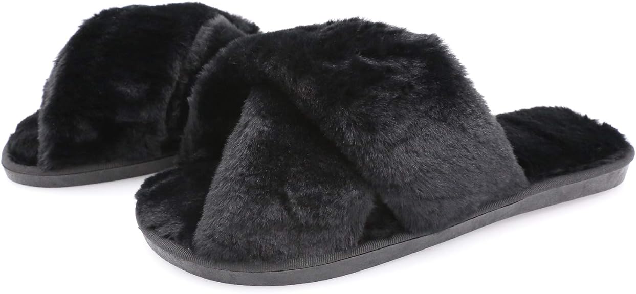 Women's Fuzzy Slippers Cross-Band Memory Foam House Slippers Open Toe