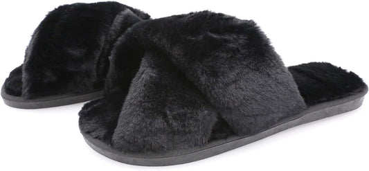 Women's Fuzzy Slippers Cross-Band Memory Foam House Slippers Open Toe