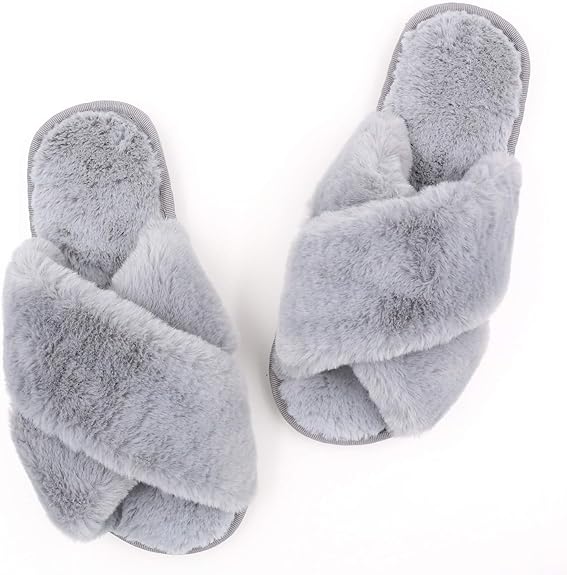 Women's Fuzzy Slippers Cross-Band Memory Foam House Slippers Open Toe