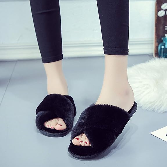 Women's Fuzzy Slippers Cross-Band Memory Foam House Slippers Open Toe