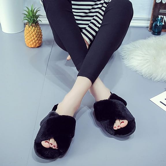 Women's Fuzzy Slippers Cross-Band Memory Foam House Slippers Open Toe