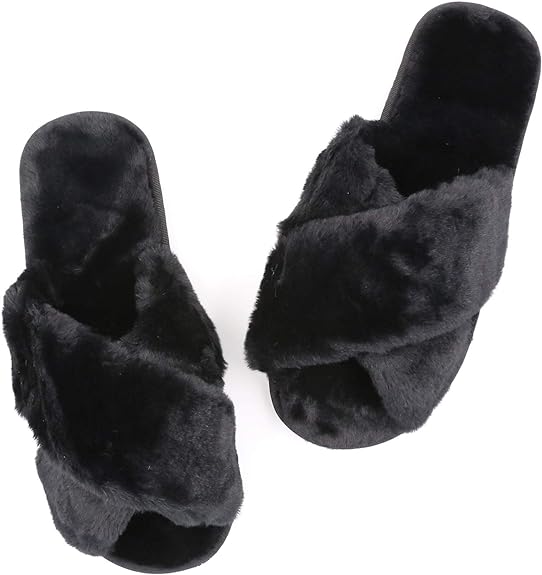 Women's Fuzzy Slippers Cross-Band Memory Foam House Slippers Open Toe