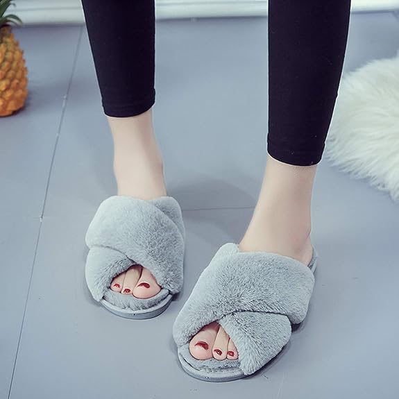 Women's Fuzzy Slippers Cross-Band Memory Foam House Slippers Open Toe