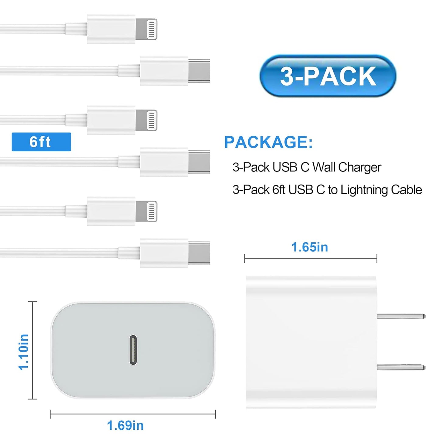 iPhone Charger Fast Charging 3-Pack USB-C Wall Charger Block with 6FT USB-C to Lightning Cables