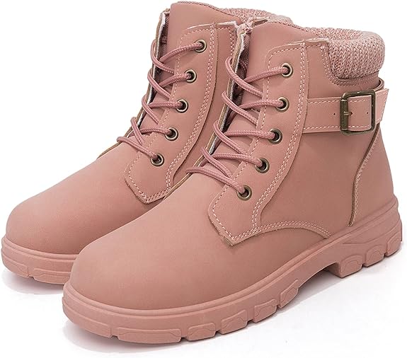 Kkdom Women's Round Toe Waterproof Ankle Booties, Lace-Up Side Zipper Boots