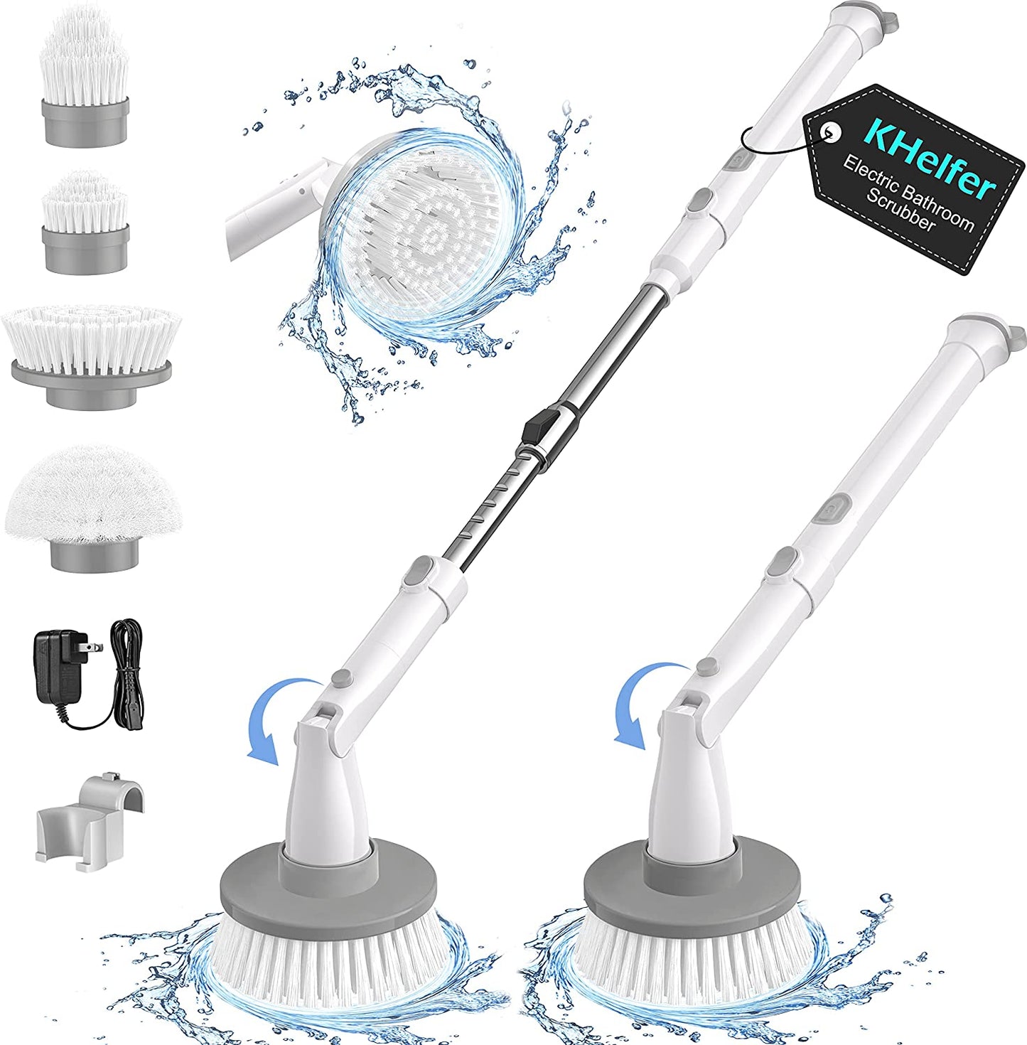 kHelfer Electric Spin Scrubber KH8W 2023,  Cordless Shower Scrubber with 4 Replacement Head and Extension Arm