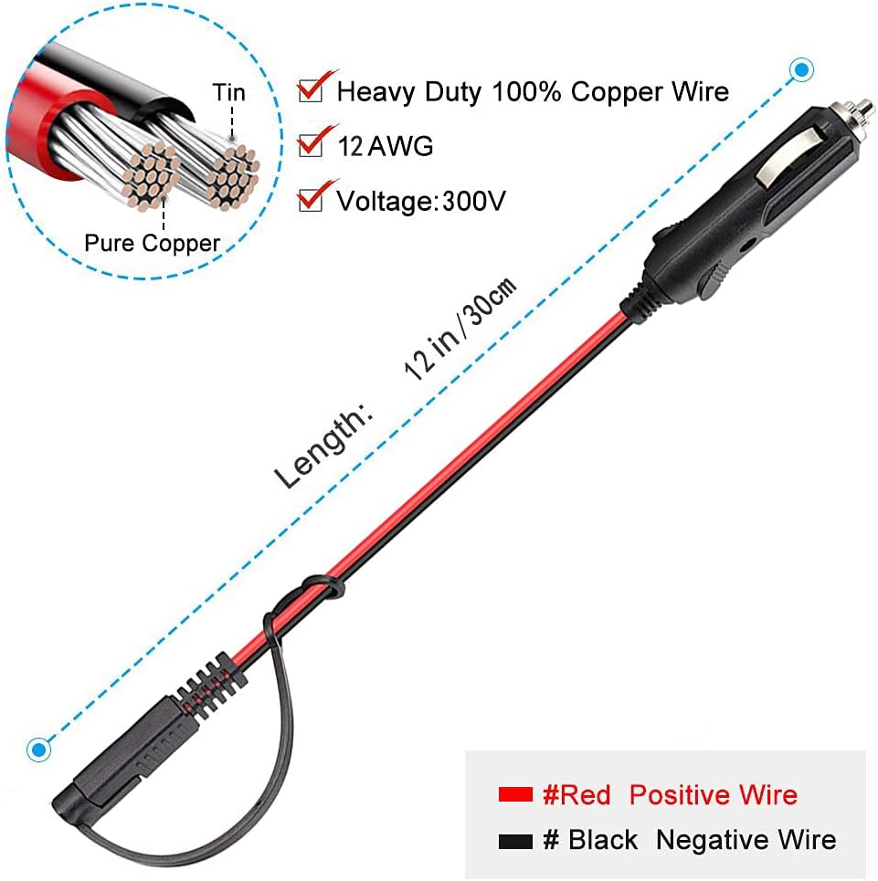 1FT SAE Cigarette Lighter Charger Cable, 15A 12V, 2-pack