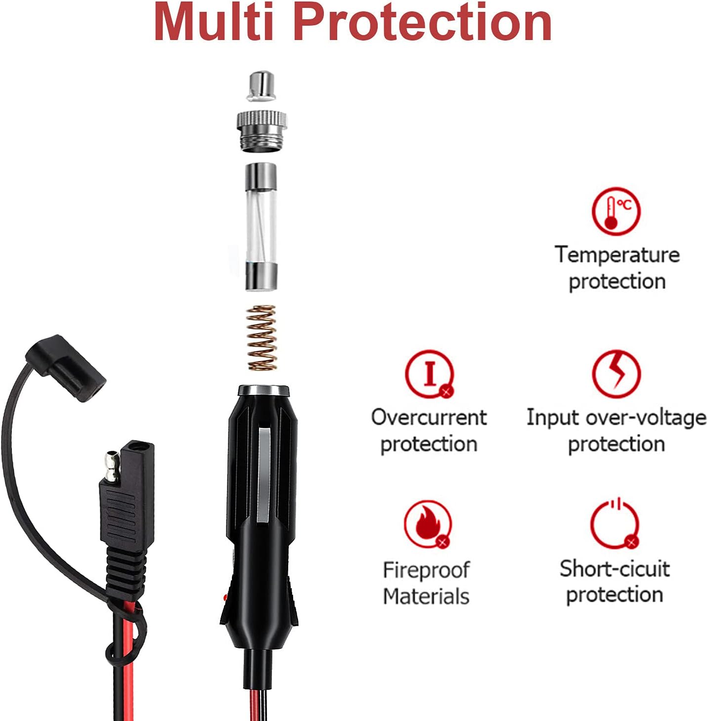 1FT SAE Cigarette Lighter Charger Cable, 15A 12V, 2-pack