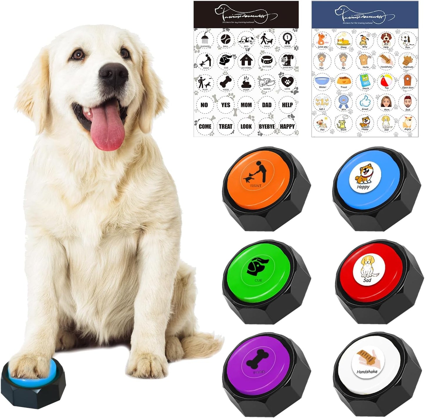 RIBOSY Dog Buttons for Communication, 6 Pcs Dog Speech Training Buzzers, Recordable Buttons with 50 Training Stickers