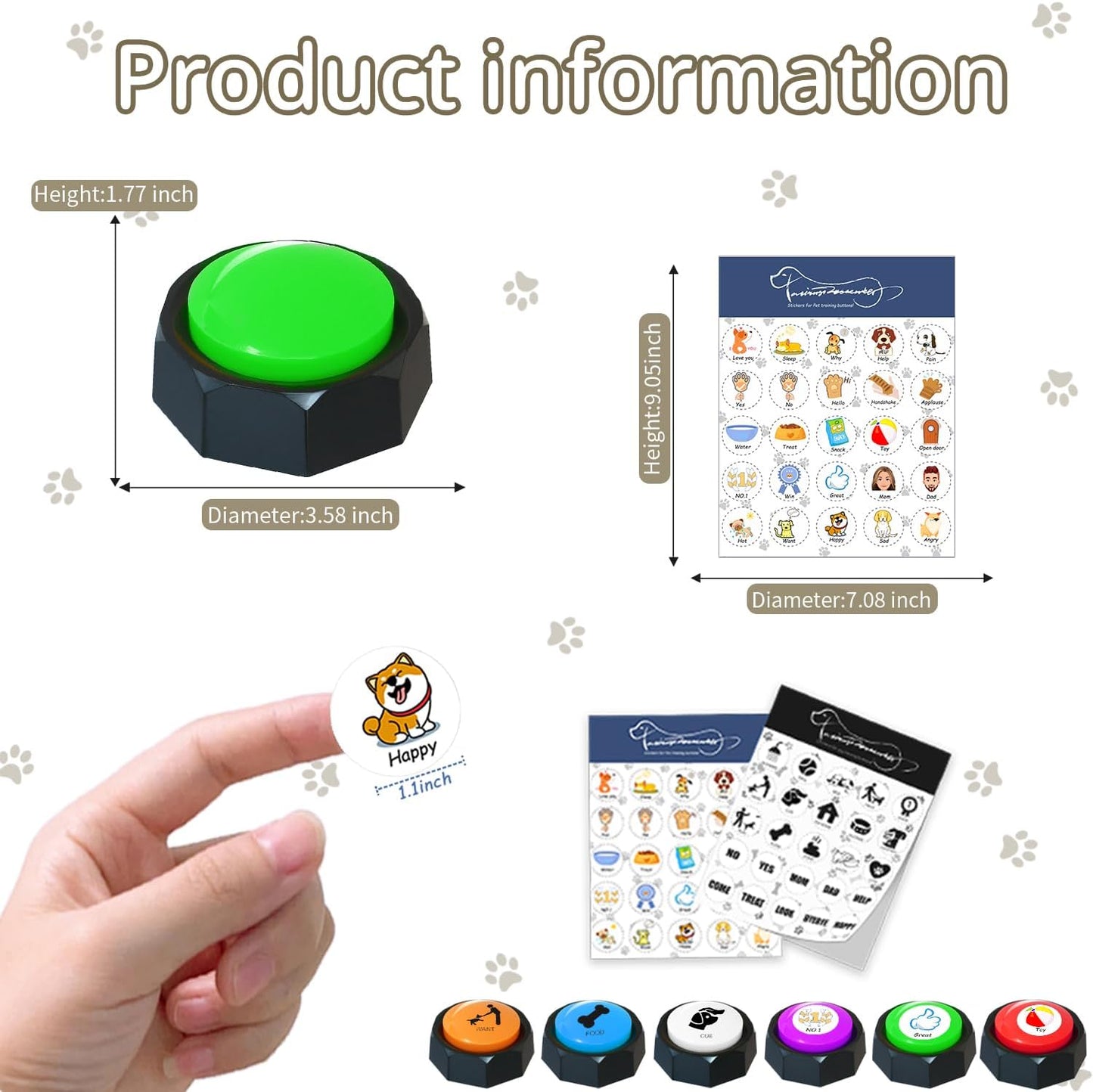 RIBOSY Dog Buttons for Communication, 6 Pcs Dog Speech Training Buzzers, Recordable Buttons with 50 Training Stickers